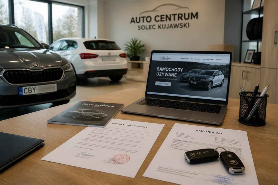 Laptop z ofertą samochodów używanych, dokumenty i kluczyki na biurku w salonie samochodowym