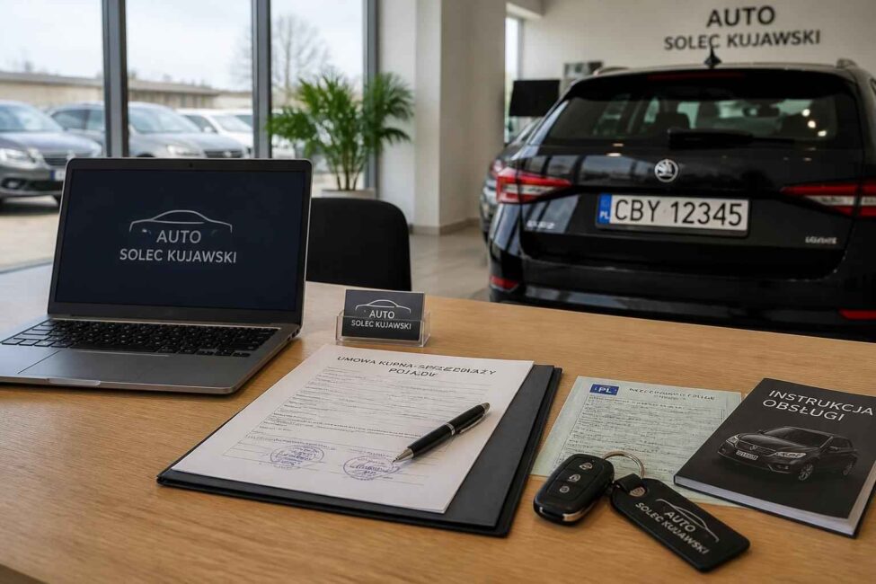 Umowa sprzedaży auta z kluczykami na biurku salonu Umowa, kluczyki i dokumenty samochodu obok laptopa w salonie Auto Solec Kujawski